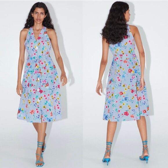Zara Dresses & Skirts - Zara NWT floral v neck, a line dress with tie wrap and pockets size small